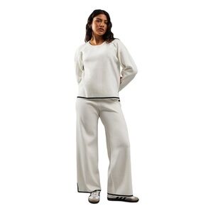 Boohoo MissPap Cream Knitted Contrast Detail Jumper & Wide Leg Trouser Set Large